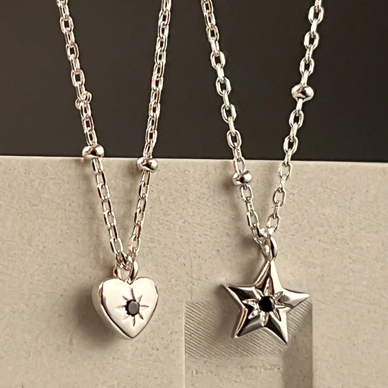 Edgy Sweetness Black Heart and Star Mini Necklace 925 Sterling Silver with Zircon the Perfect Everyday Quirk