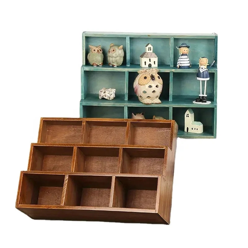 Retro Wooden Toy Display Shelf 9 Grid Display Cabinet Multi Storage Shelf Desktop Wall Mounted Home Storage Shelf