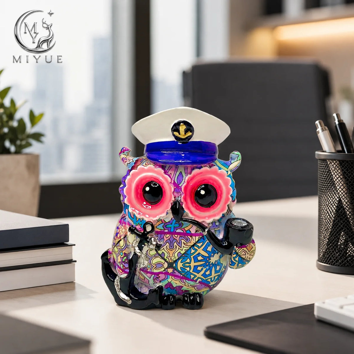 Resin Sailor Owl Figurine With Pipe Water Transfer Printing Statue Desktop Ornament Home Office Decor Creative Gift Resin Craft MegaBDM