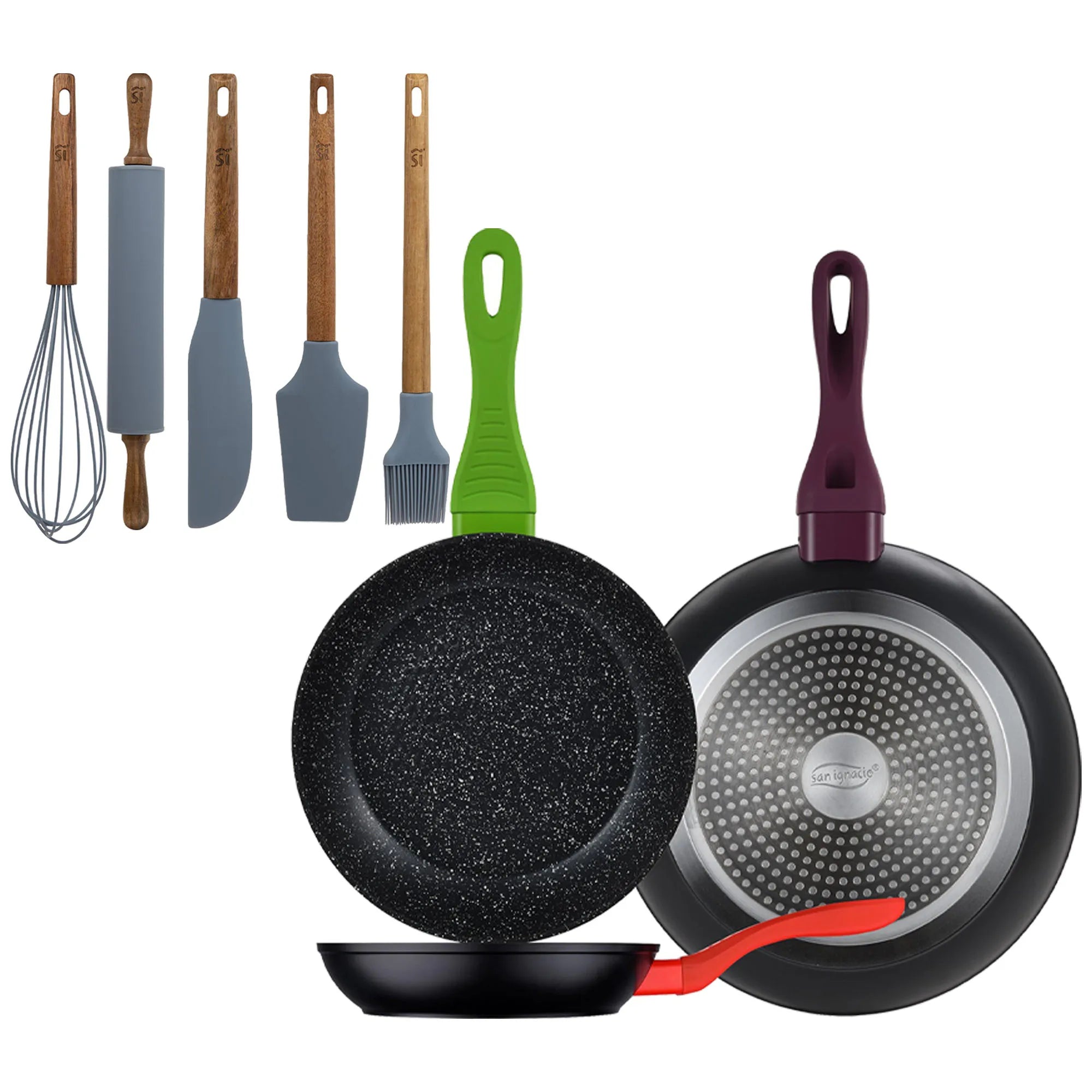 Set of 3 San Ignacio 20/24/28 forged aluminum frying pans induction compatible + Set of 5 Silicone and Acacia Wood Kitchen
