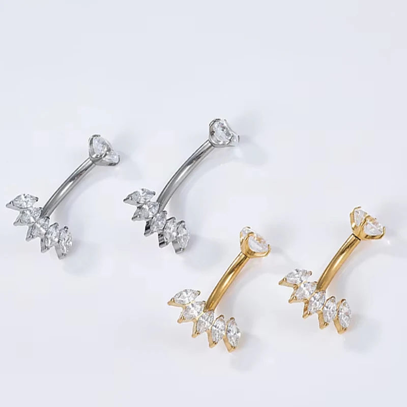 G23 Titanium Curved Barbell Belly Button Ring Internally Threaded Zircon Gold Plated Claw Setting Inlay for Weddings Engagements