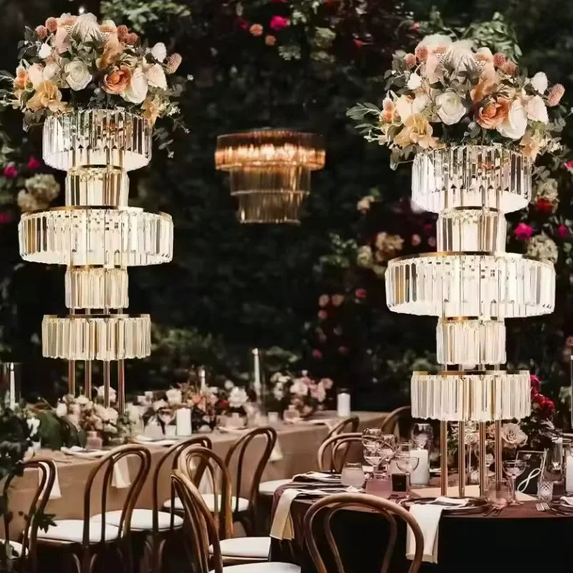 Large Gold Metal Crystal Hanging Table Decoration Modern Wedding Centerpiece with Flower Stand and Candlesticks MegaBDM