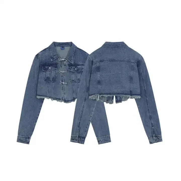 Custom Denim Jacket for Women Stylish Pearl Embellished Blue Jean Jackets Comfortable and Trendy Outerwear for Casual
