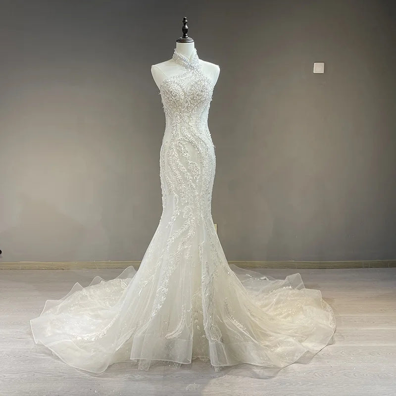 Jancember 1004 Lace Halter Sleeveless Mermaid Wedding Gowns Dresses