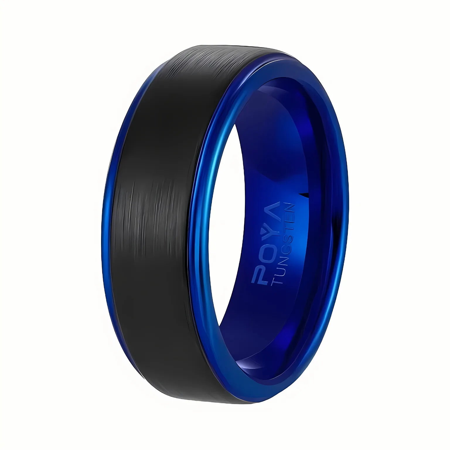 POYA 8mm Tungsten Wedding Ring Vintage Style Black Brushed Blue Stepped Edges for Engagement & Gift
