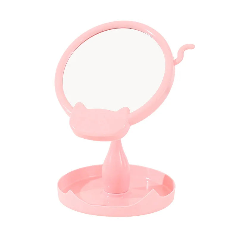 Cute Cat Ear Rotating Single-Sided Standing Plastic Desktop Mirror-Vanity Mirror with Storage Tray for Makeup Skylark