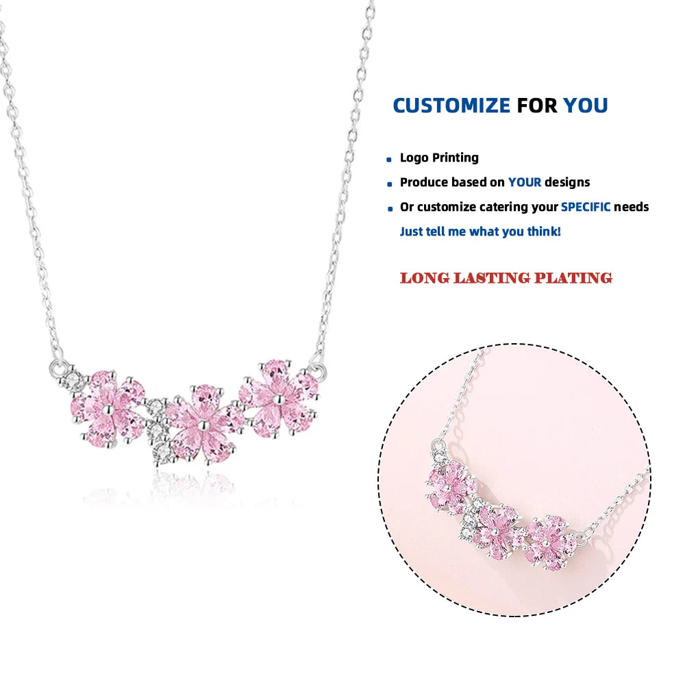 FDXZ-173 925 Silver Pink Diamond Peach Blossom Necklace Women Smile Flowers Zircons Design Light Luxury Delicate Party Jewelry