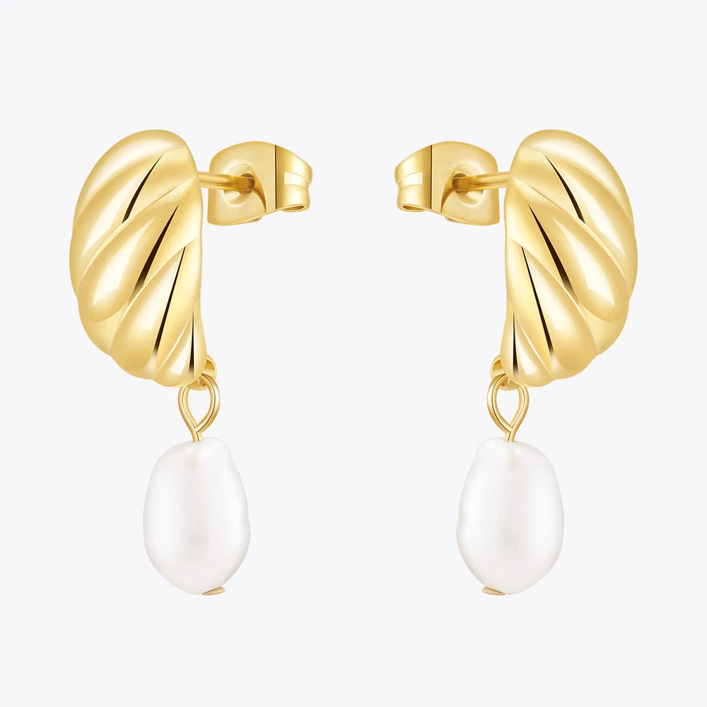 Latest 18K Gold Plated Stainless Steel Jewelry Twist Studs Natural Pearl Drop Earring Fashion for Women Gifts Earrings E241535