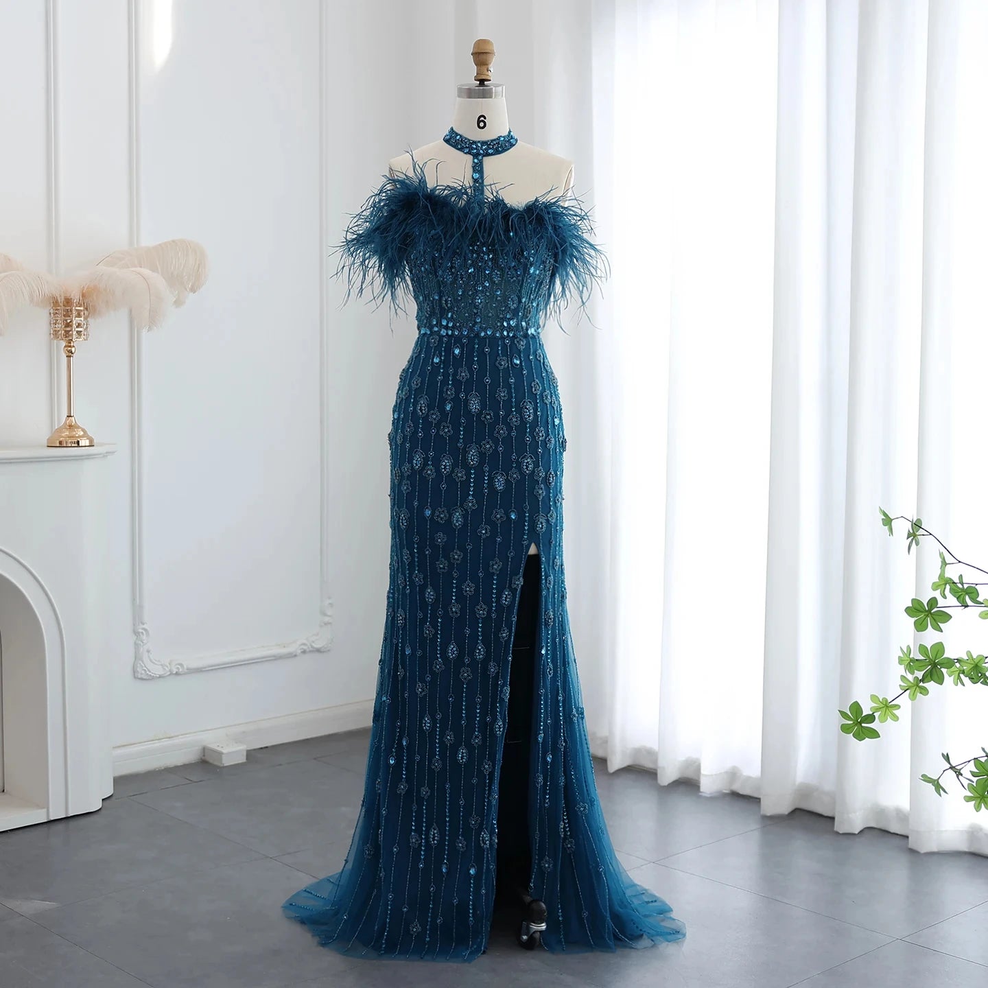 Jancember SZ176 Crystal Feather Sequins Beaded Mermaid Evening Party Prom