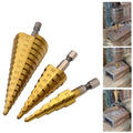 DDUF 3Piece HSS Spiral Step Drill Bit Set with Hex Shank for Multi Diameter Drilling in Metal Wood Plastic and DIY Applications