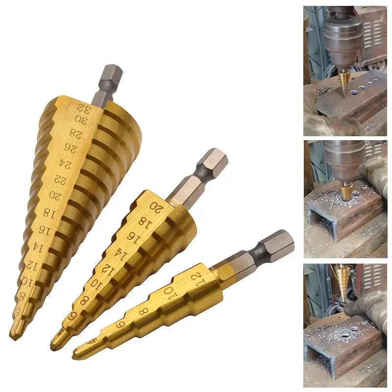 DDUF 3Piece HSS Spiral Step Drill Bit Set with Hex Shank for Multi Diameter Drilling in Metal Wood Plastic and DIY Applications