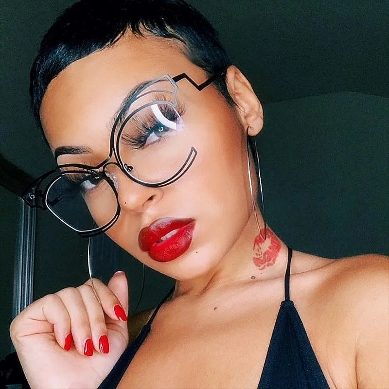 Cusrom Logo Fashion Clear Lens Oversized Irregular Hollow Optical Eyeglasses Metal Cat Eye Women Anti Blue Glasses Frames