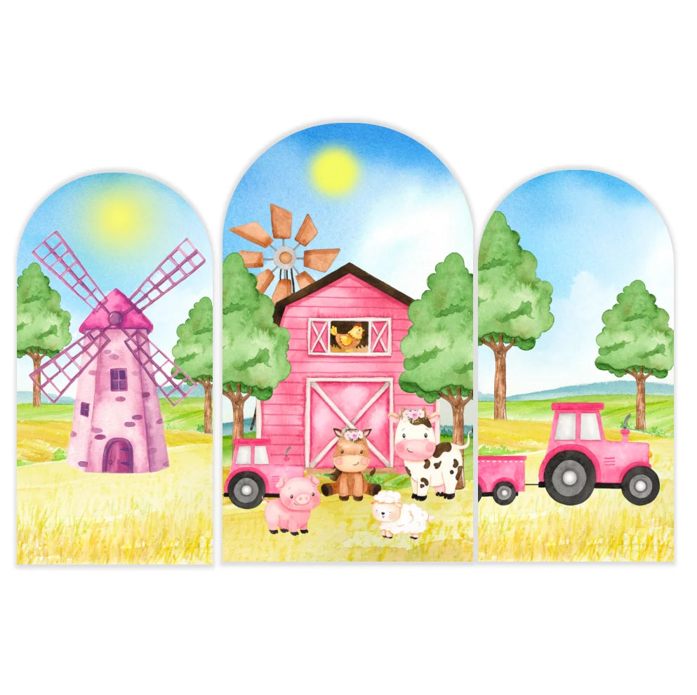Pink Farm Arch Backdrop Cover Windmill Barn Theme Ballooned Boog Photo Booth Backdrop Elastic Fabric Party Decor for Baby Shower