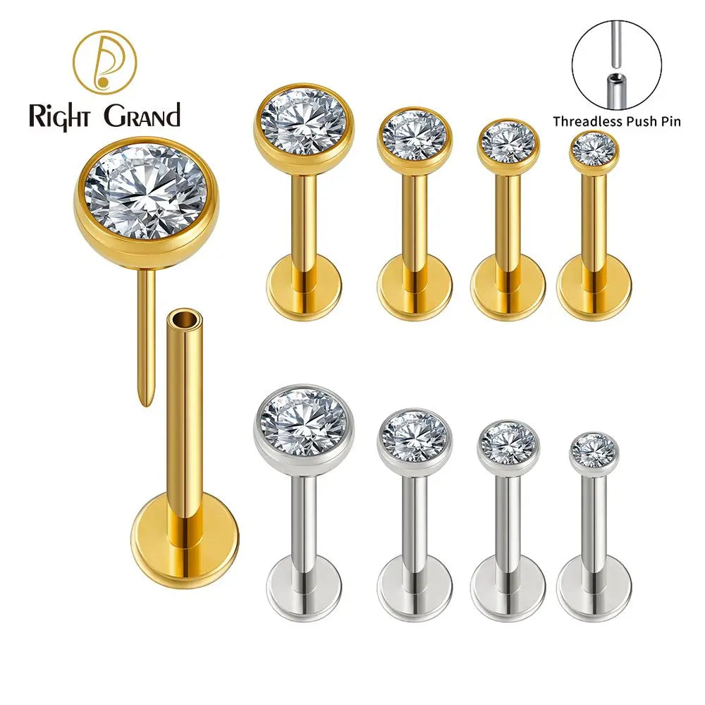 Threadless Push Pin Pierced Earrings Cz Simple Design 16G Gold PVD Plated Daily Wear Labret Studs Helix Upper Lobe
