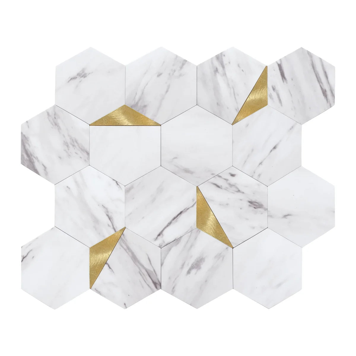 White Marble & Gold Accent Hexagon Peel-and-Stick Tiles Self-Adhesive Wall Covers for Luxury Modern Space