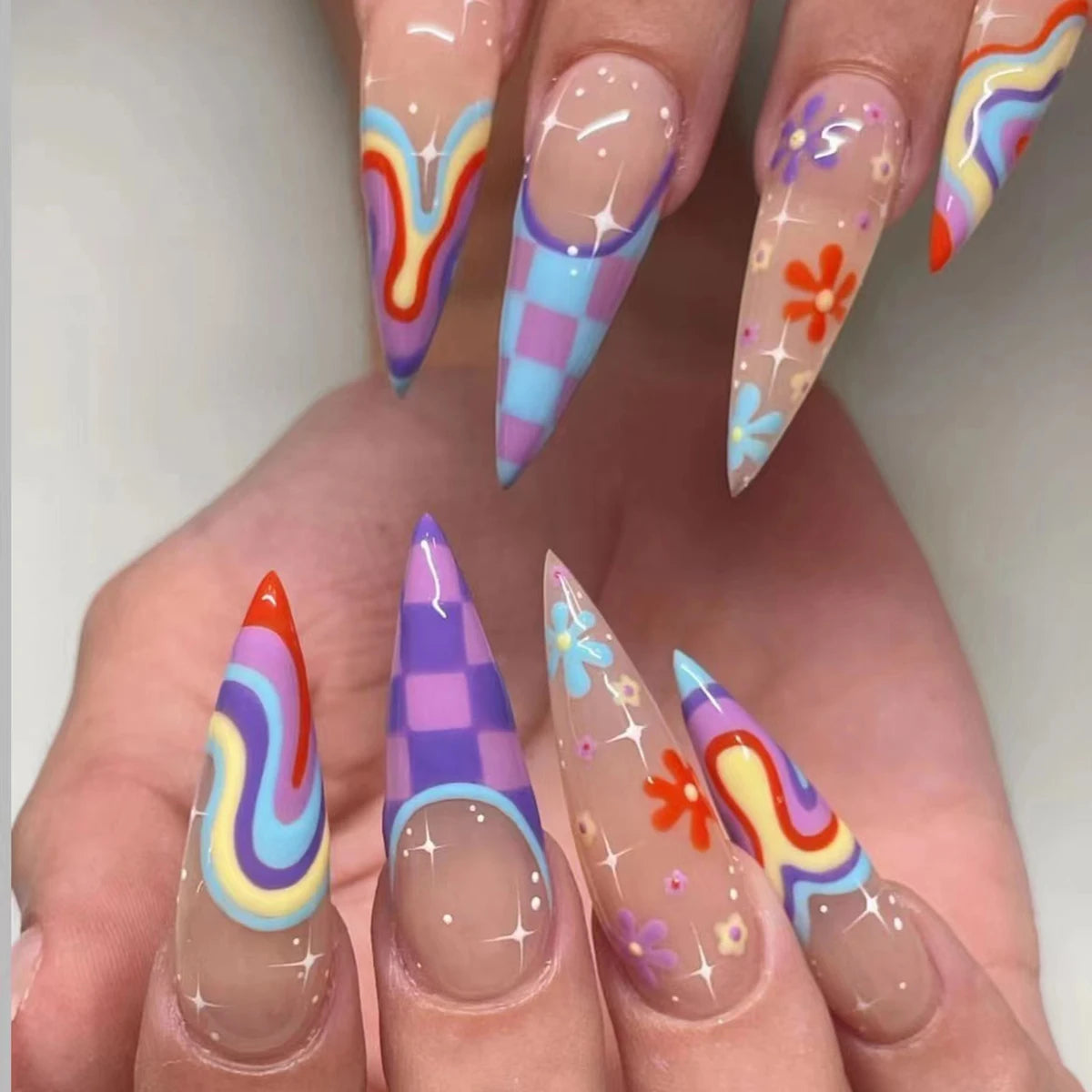 Wholesale Temooi 24Pcs ABS Stiletto False Nails Colorful Long French Style Press-On with Nail Glue Artificial Material