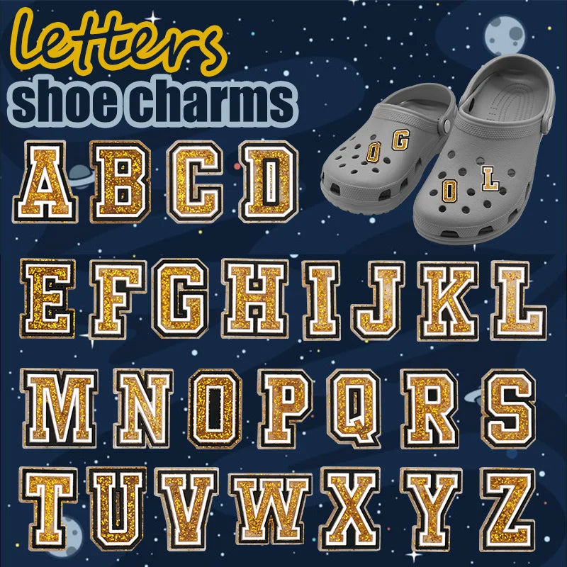 Customized Wholesale Pvc 2d Diy Clog Sandal Accessories Gold Glitter Number Letters Shoes Decorations Alphabet Kawaii Shoe Charm