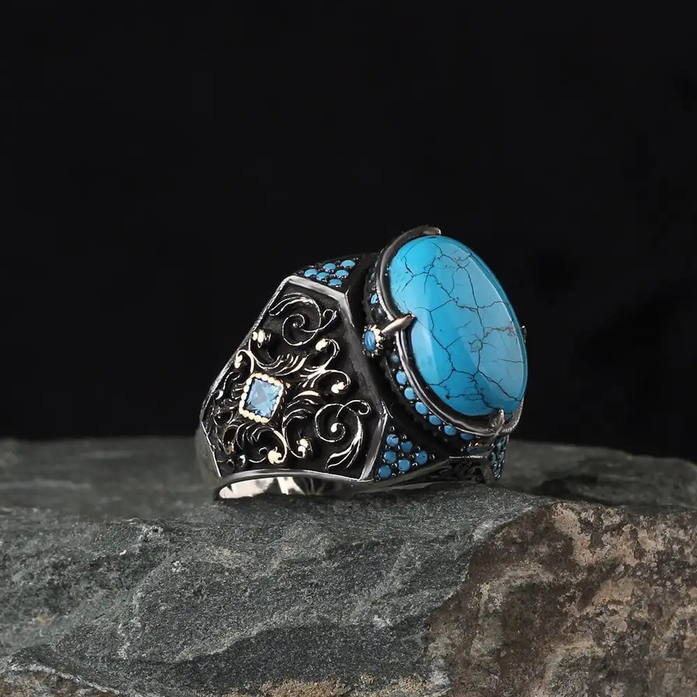 Men's Ottoman Style Luxury Ring Natural Stone Freshwater Pearl Oval Cut 925 Sterling Silver Handmade Channel Setting Turkey