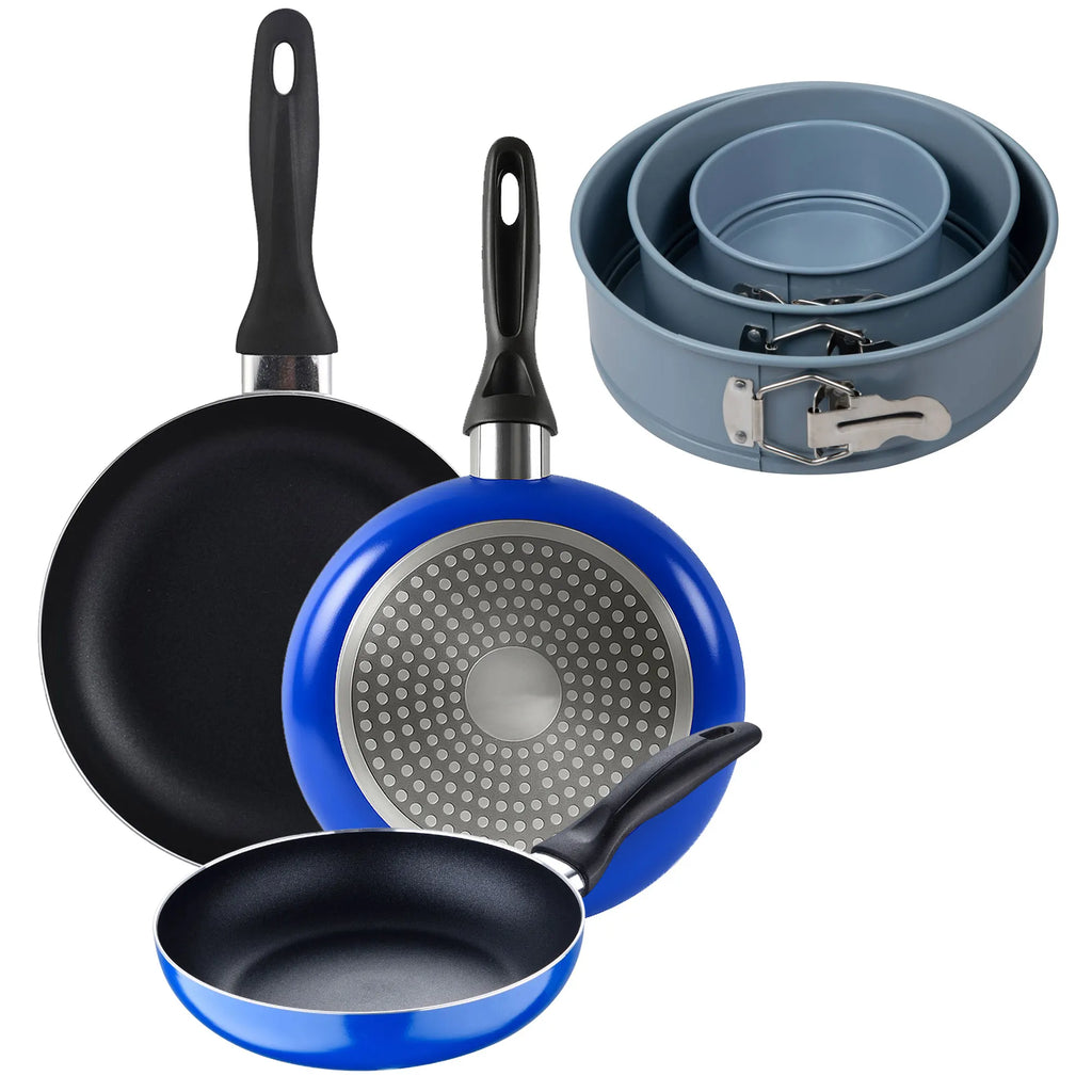Set of 3 San Ignacio frying pans (16+20+24cm) pressed aluminum blue + Set of 3 round oven molds 121822cm