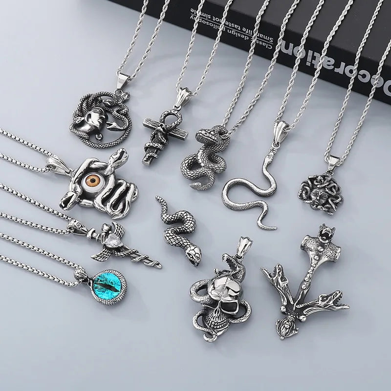 Punk Viking Rune Jewelry Skull Stainless Steel Snake Pendant Necklace