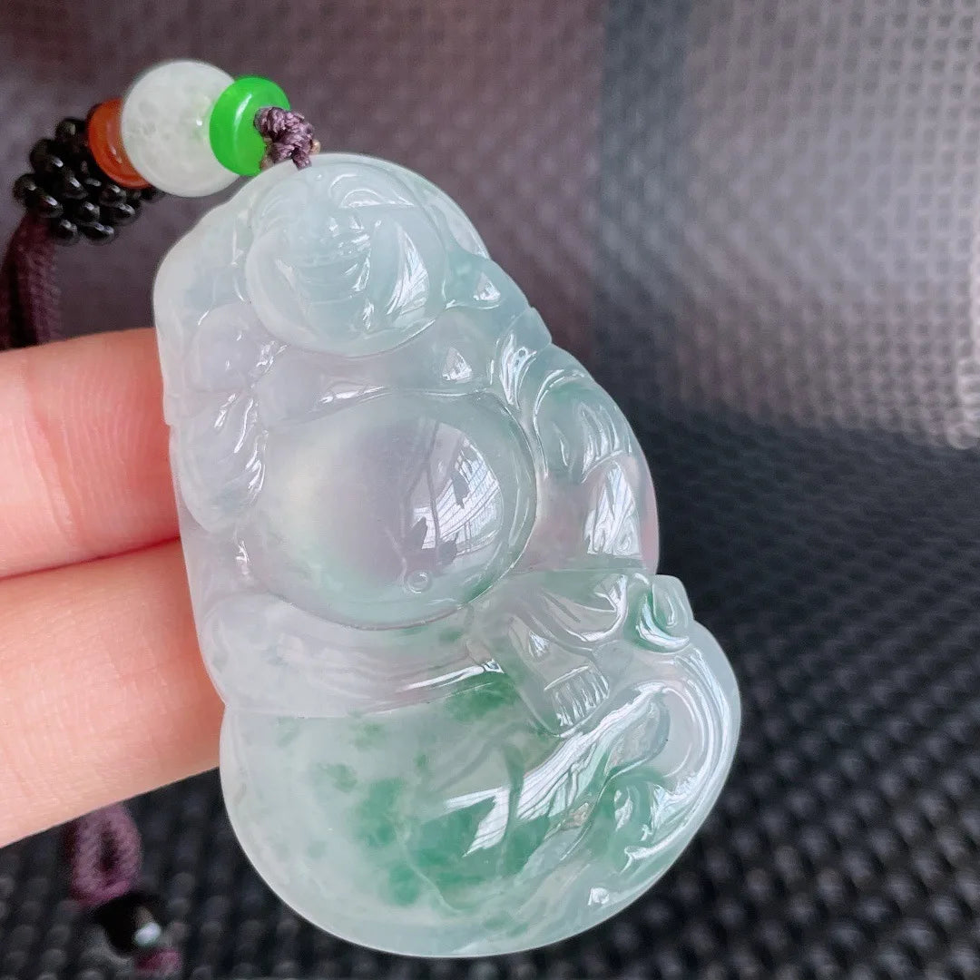 Myanmar Natural a Type Jadeite Jade Pendant Ice-Like Floating Flowers Maitreya Buddha Emerald Pendant 24.17