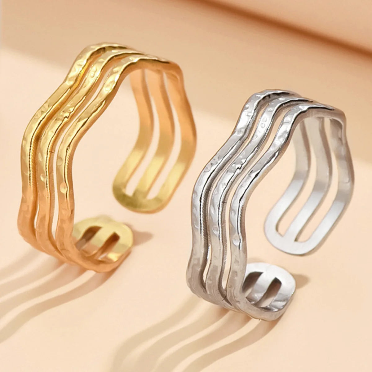 Fenyi Wholesale Jewelry Fashion Retro Wave Line Stainless Steel Simple Gold Plated Open Geometric Ring for Women