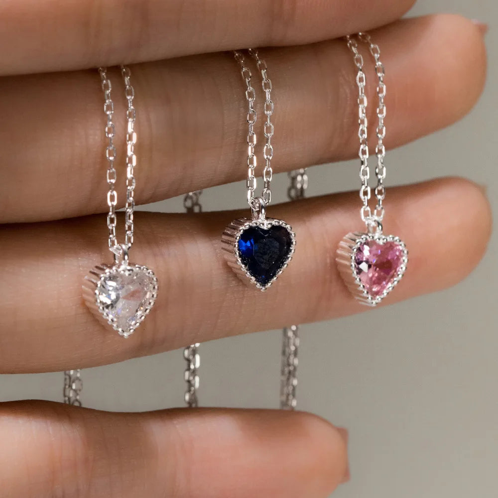 Low MOQ custom heart pink white navy blue zircon necklace 925 sterling silver