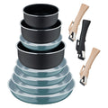 Set of 5 frying pans 18/20/22/24/26cm green + 3 saucepans 16/18/20cm + 3 removable handles black - Pressed aluminum