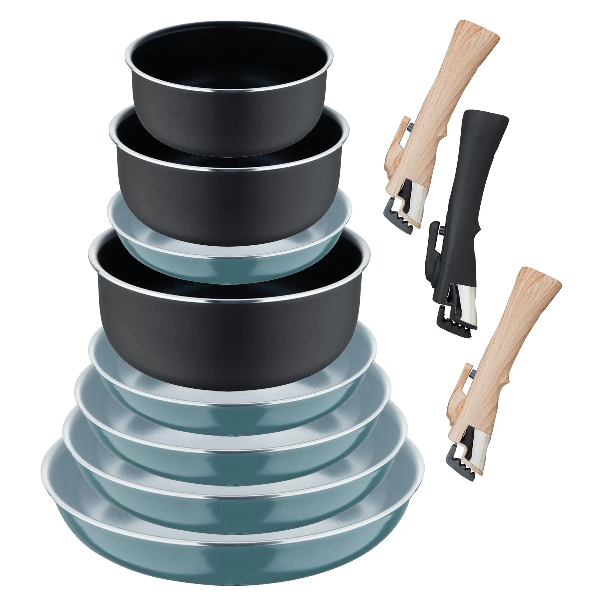 Set of 5 frying pans 18/20/22/24/26cm green + 3 saucepans 16/18/20cm + 3 removable handles black - Pressed aluminum