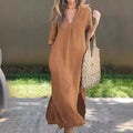 2025 Women's Summer V-neck Dress with Side Slits Pockets Chest Pleats and 3/4 Sleeves Dresses Women Lady Elegant