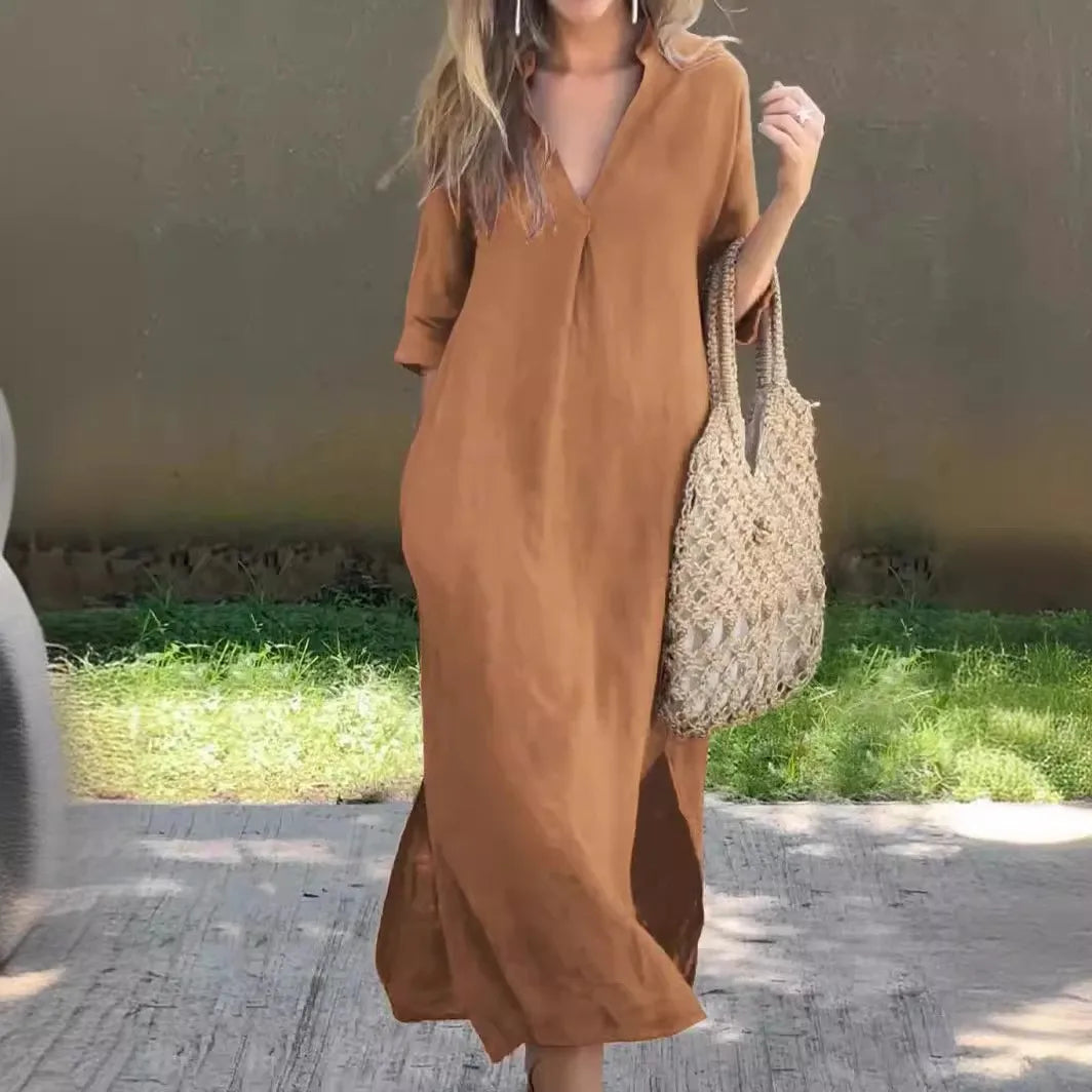 2025 Women's Summer V-neck Dress with Side Slits Pockets Chest Pleats and 3/4 Sleeves Dresses Women Lady Elegant