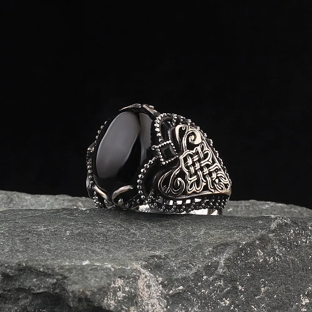 Turkish Style Vintage 925 Sterling Silver Men's Classic Ring with Black Onyx and Zircon Stone Wedding Jewelry From Turkey