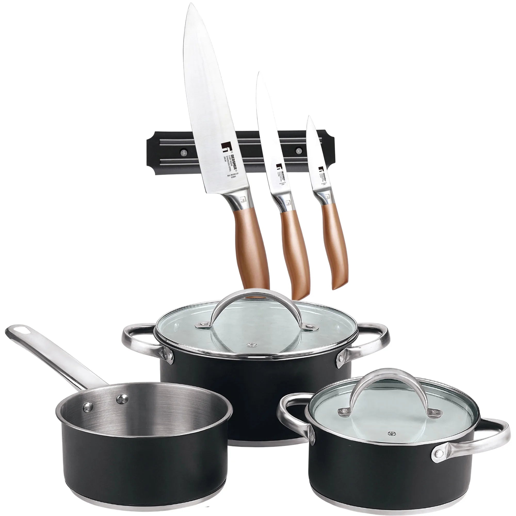 5-piece cookware set (2 saucepans with lids + saucepan) stainless steel with coating + 3-piece stainless steel knife set with