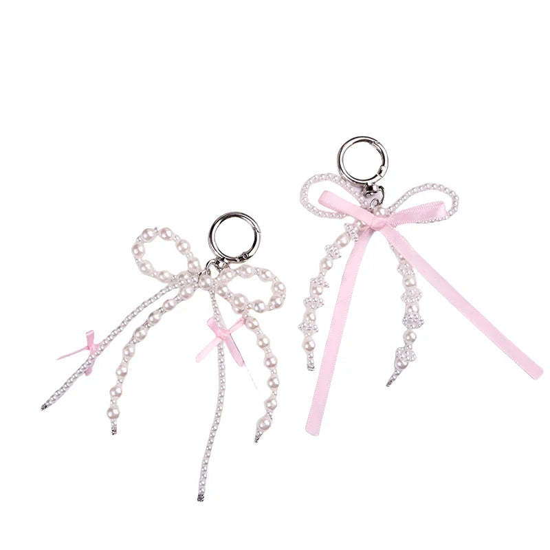 HOT Y2k Keychain Pink Bowknot Pearl Key Chains Phone Charm Pendant Women Bag Keyring Charm Girly Keychain Sweet Bow Keychain