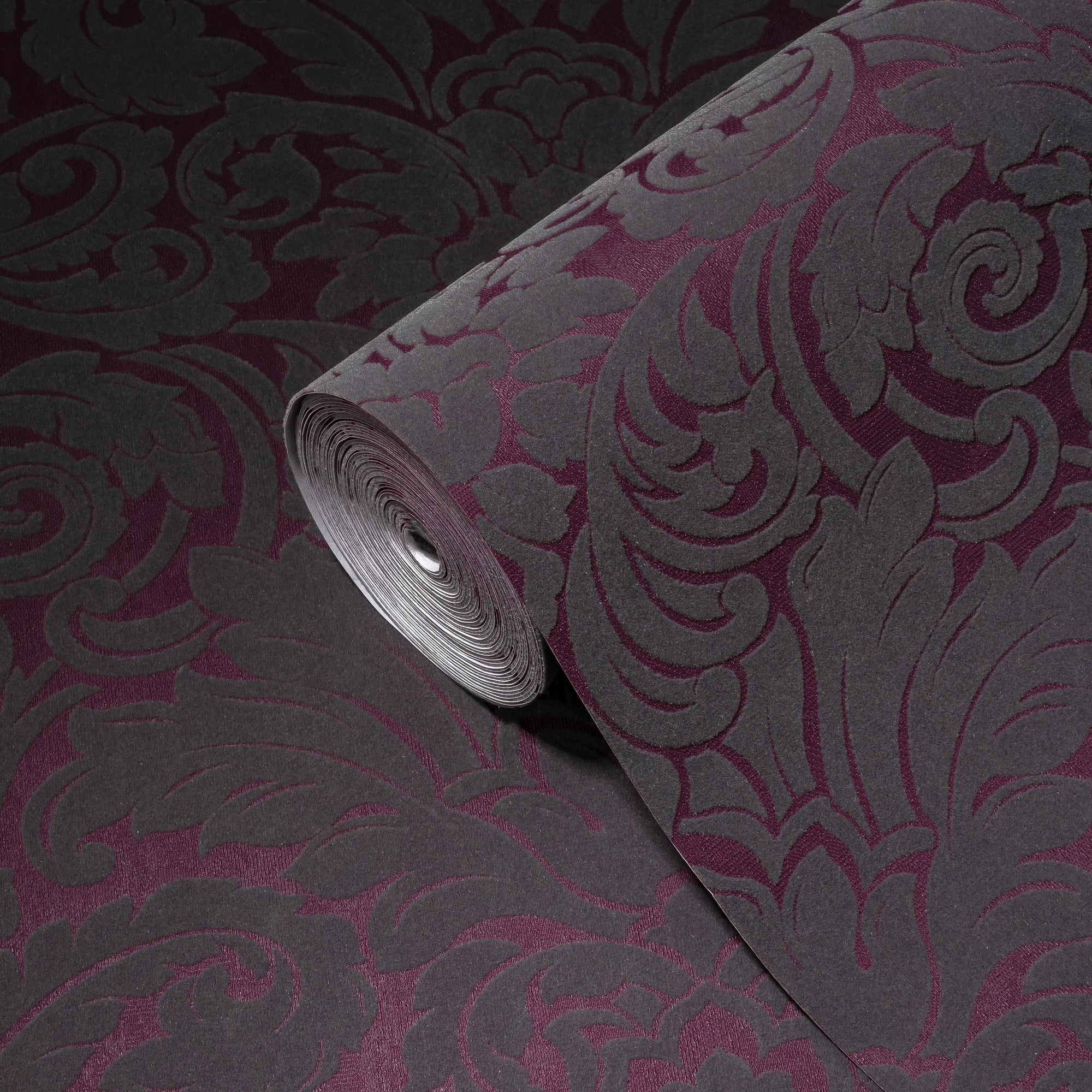 Germany Made Modern Velvet Flock Damask Wallpaper Rolls Black Grey Purple Non Woven 10.05x0.52m for Kitchen & Hotel Use