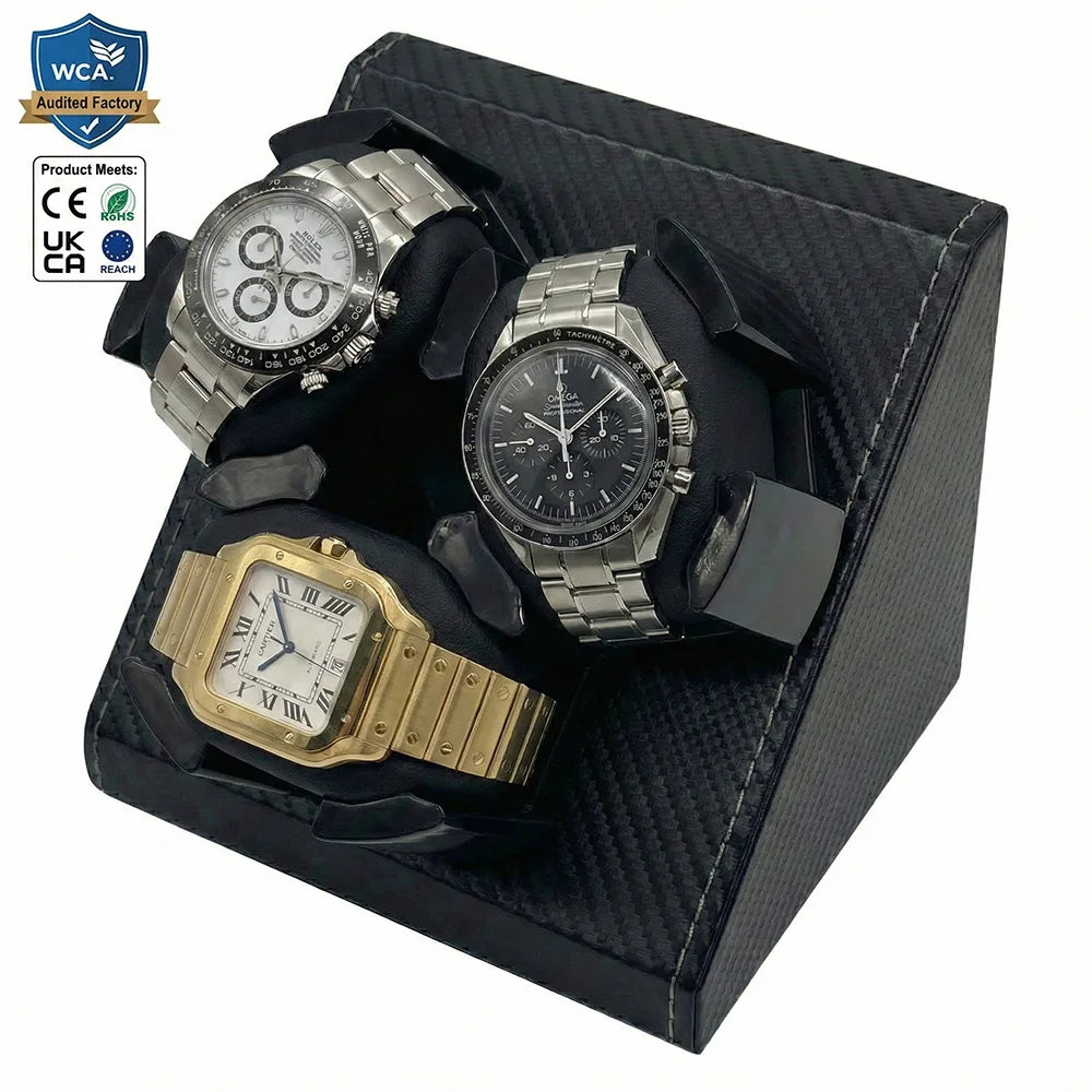 BETTER Household Intelligent Mute 0 Noise Shock Resistant Automatic 3-Slot Carbon Fiber Leatherette Safe Watch Winder Case