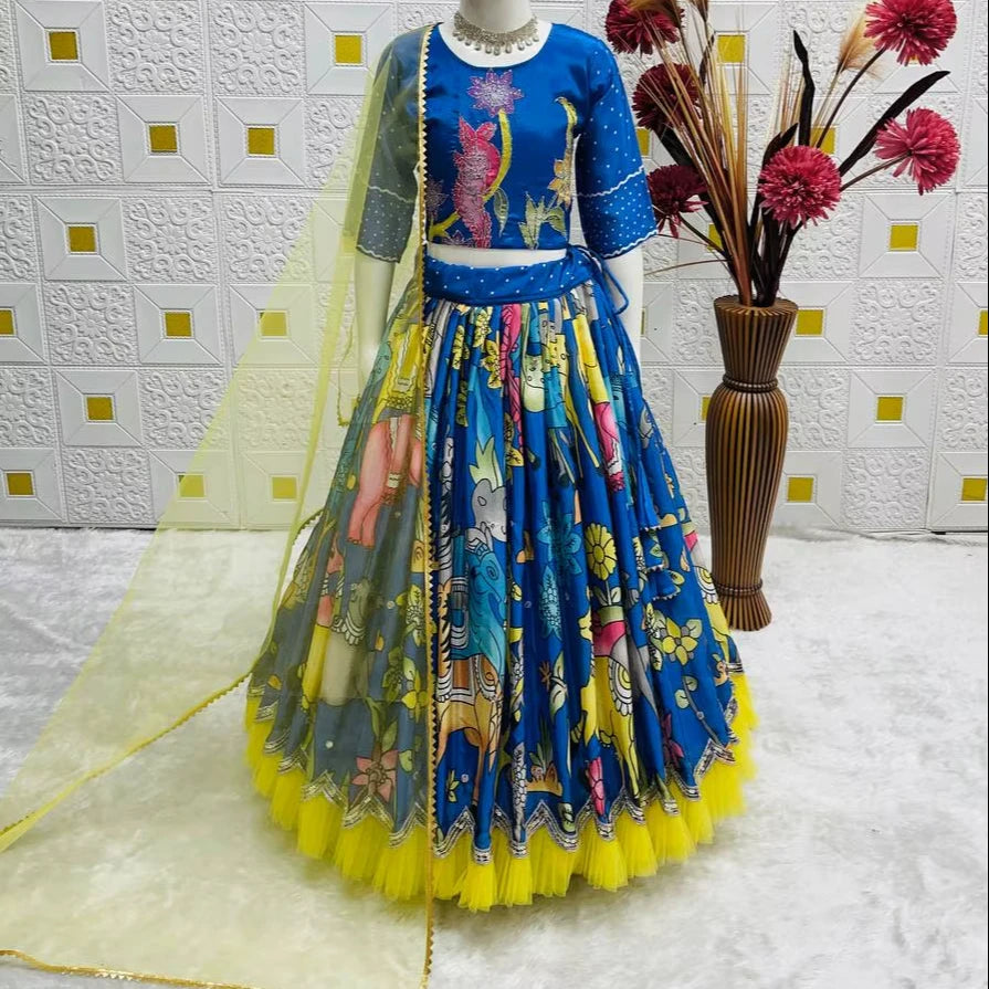 Girls' Heavy Chinon Silk Choli Set Printed Embroidery Fully Stitched Ready Wear Wrinkle Free Stretchable Comfort Party