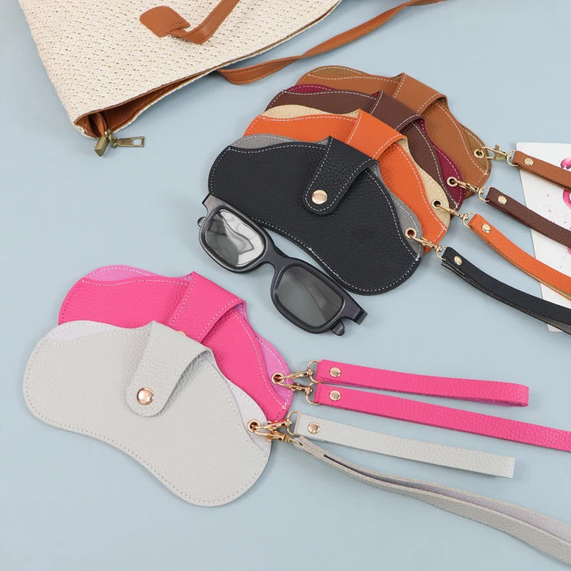 Durable Soft PU Leather Glasses Storage Bag Trendy Solid Sunglasses Carrier Portable Outdoor Eyewear Pouch with Hanging Ropes