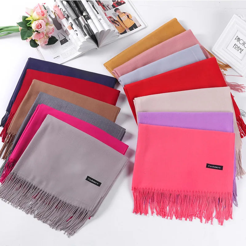 NEWNESS JA-002 2024 Winter Warm Long Double Side 100% Cashmere Scarf Women 330 Grams Pure Color Bows Argyle Patterns Tassel