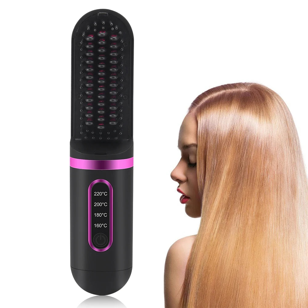 Portable Straightening Comb for Travel 30s Fast Heating 2000mAh USB Type C Rechargeable Cordless Hair Straightener Brush