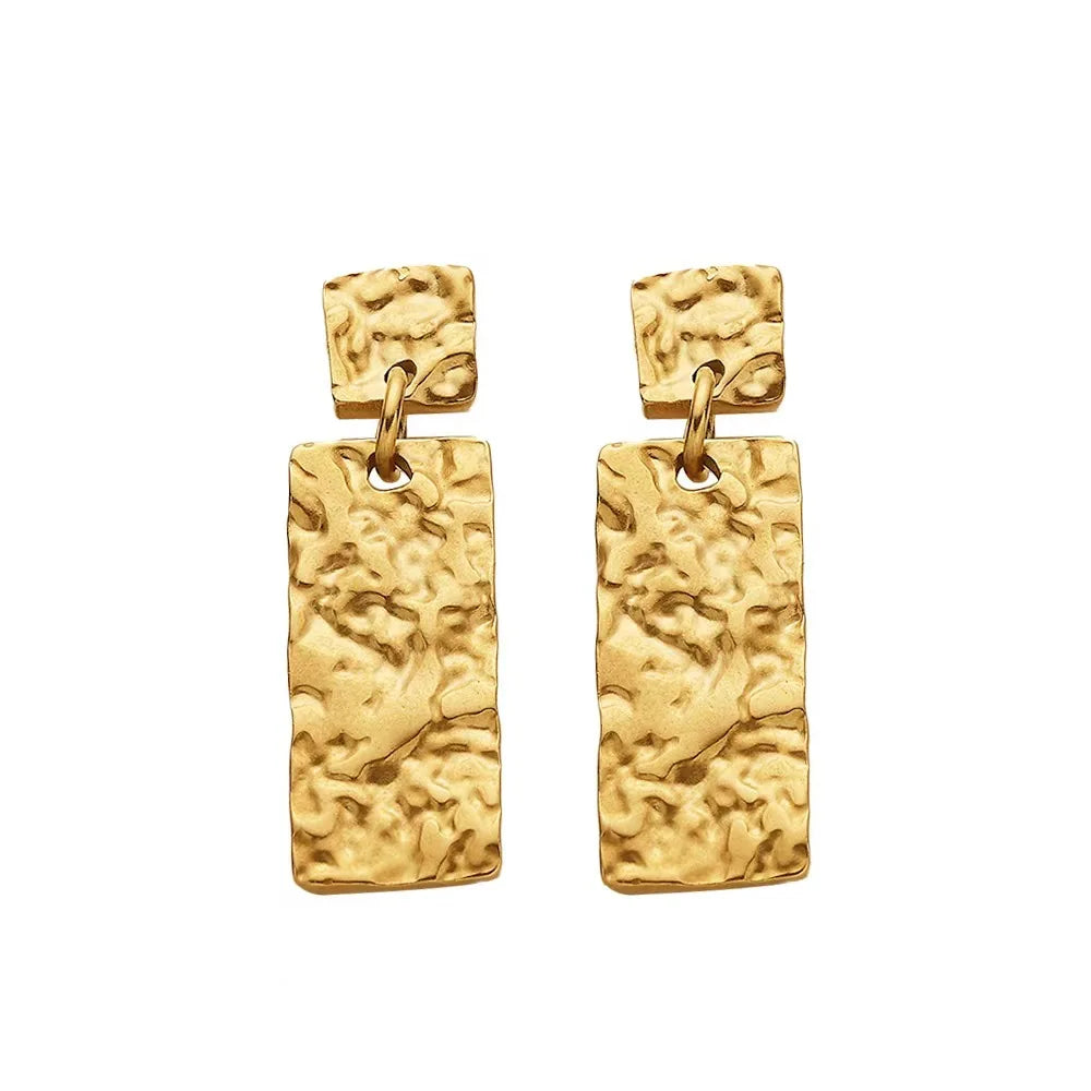 18K PVD Gold Plated Dressy Big Rectangle Hammered Vintage Nugget Texture Drop Earring Stainless Steel Jewelry for Women MegaBDM