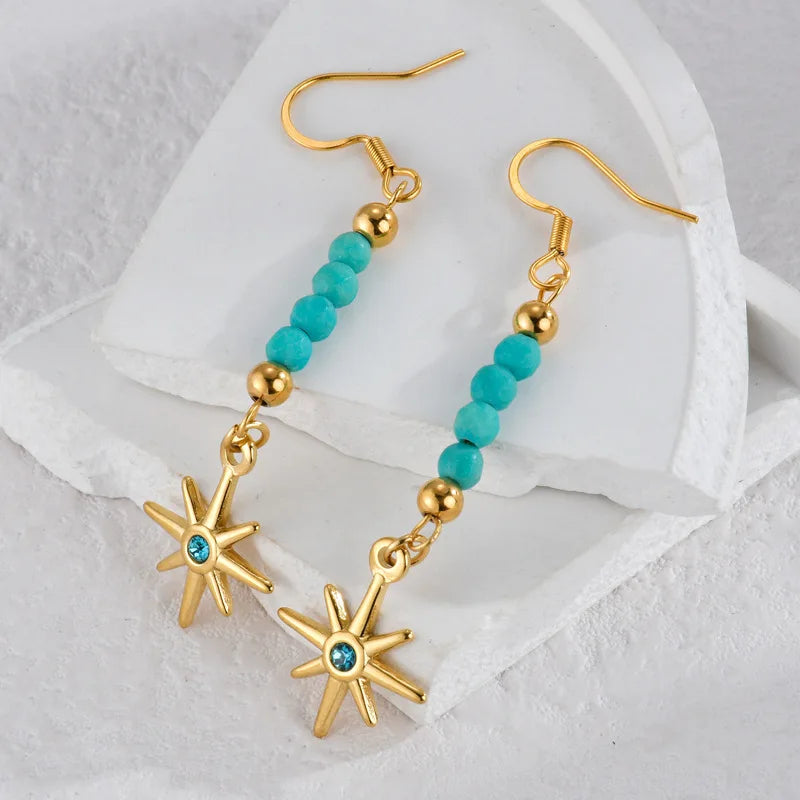 Fenyi Wholesale Jewelry Vintage Elegant Fashion Gold Plated Stainless Steel Beaded Star Large Earrings for Women Necklace Set