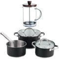 5-piece cookware set (2 saucepans with lids + saucepan) stainless steel with coating + Borosilicate glass French press coffee