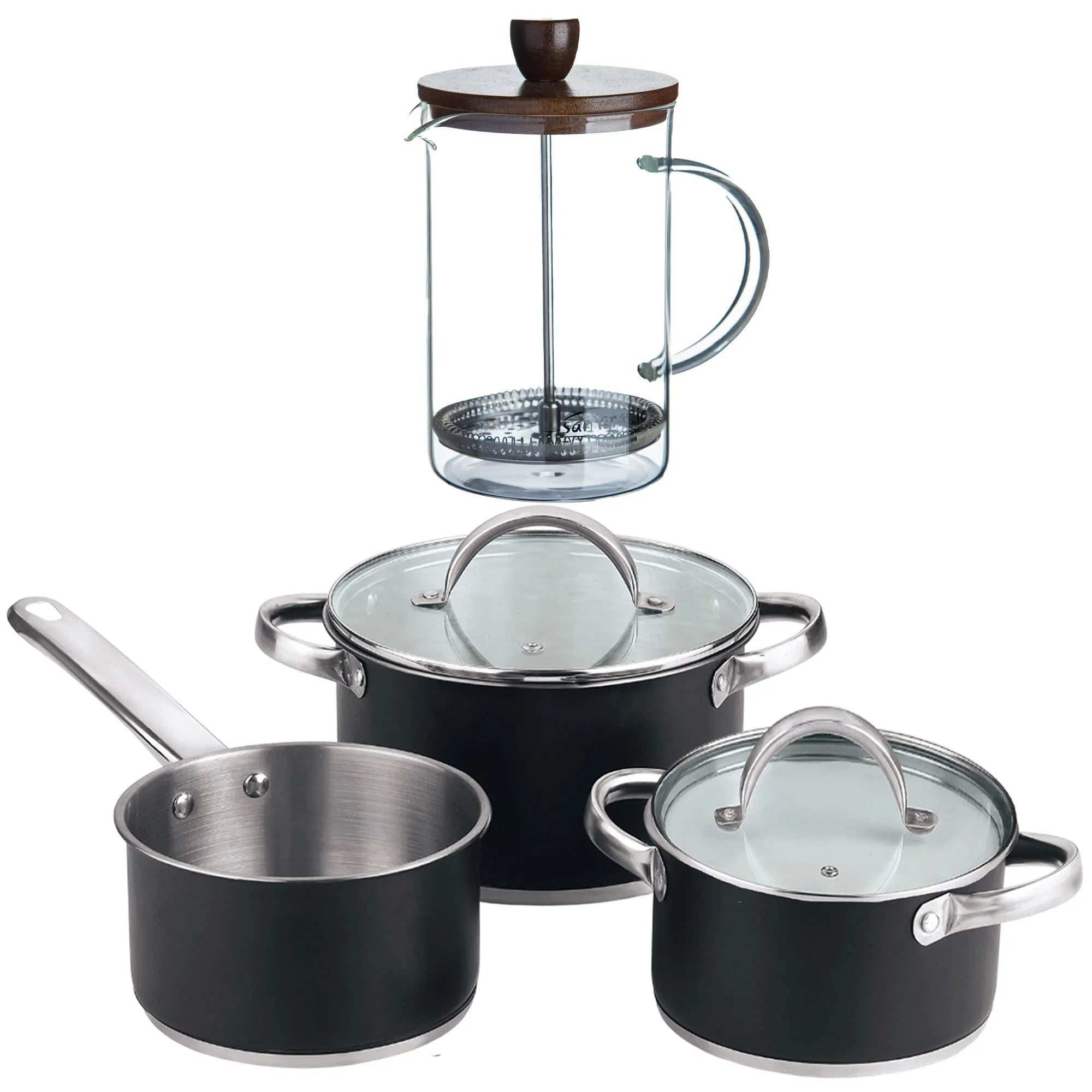 5-piece cookware set (2 saucepans with lids + saucepan) stainless steel with coating + Borosilicate glass French press coffee