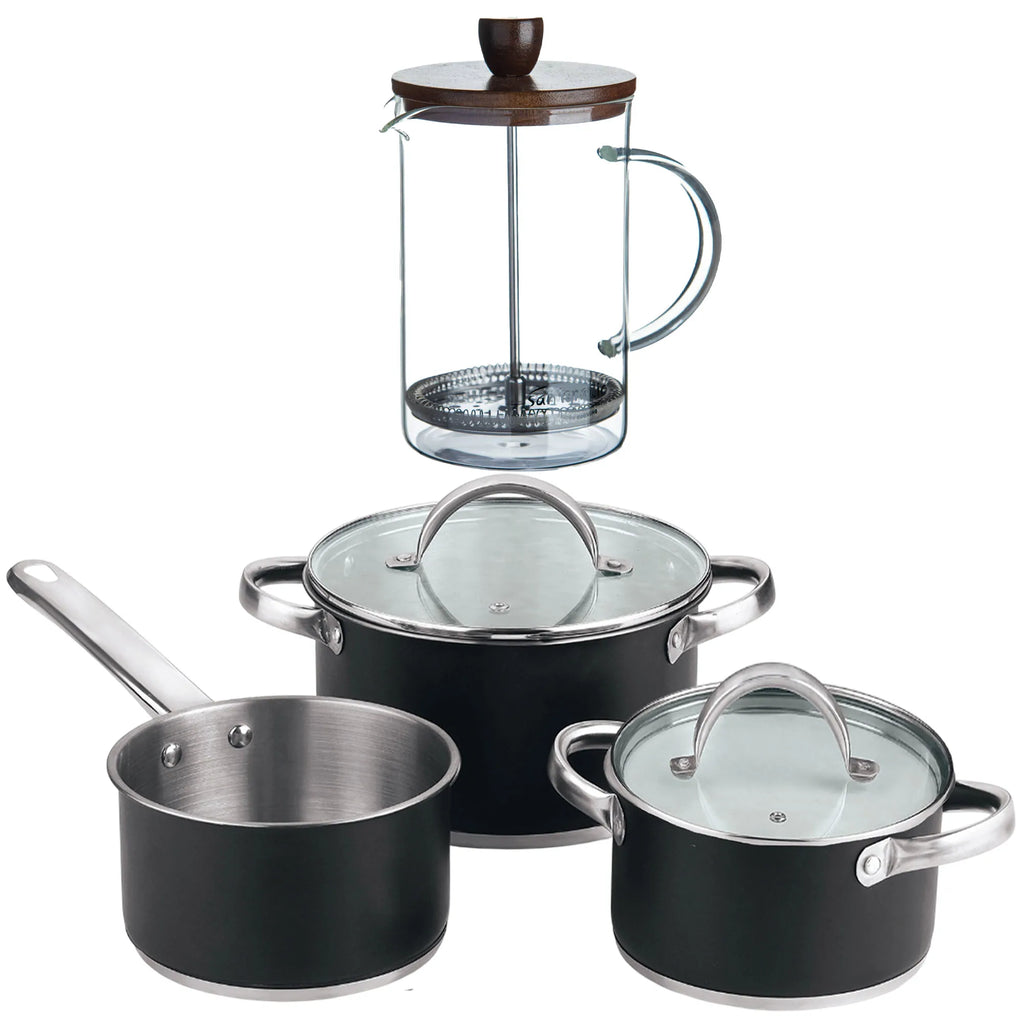 5-piece cookware set (2 saucepans with lids + saucepan) stainless steel with coating + Borosilicate glass French press coffee