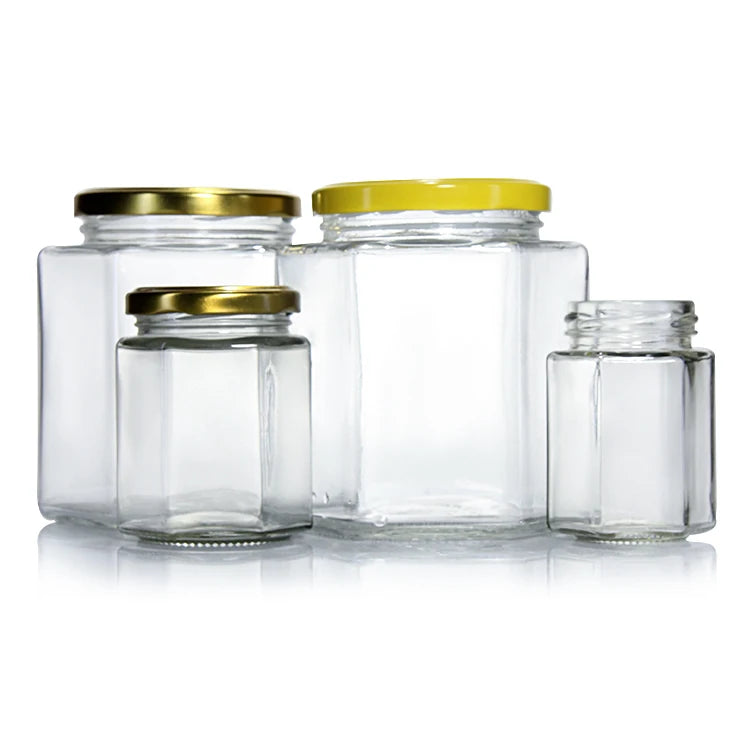 Hexagon Thickened Transparent Glass Honey Jars Food Storage Jars Sealed Metal Lids 50g Model Different Sizes Packaging