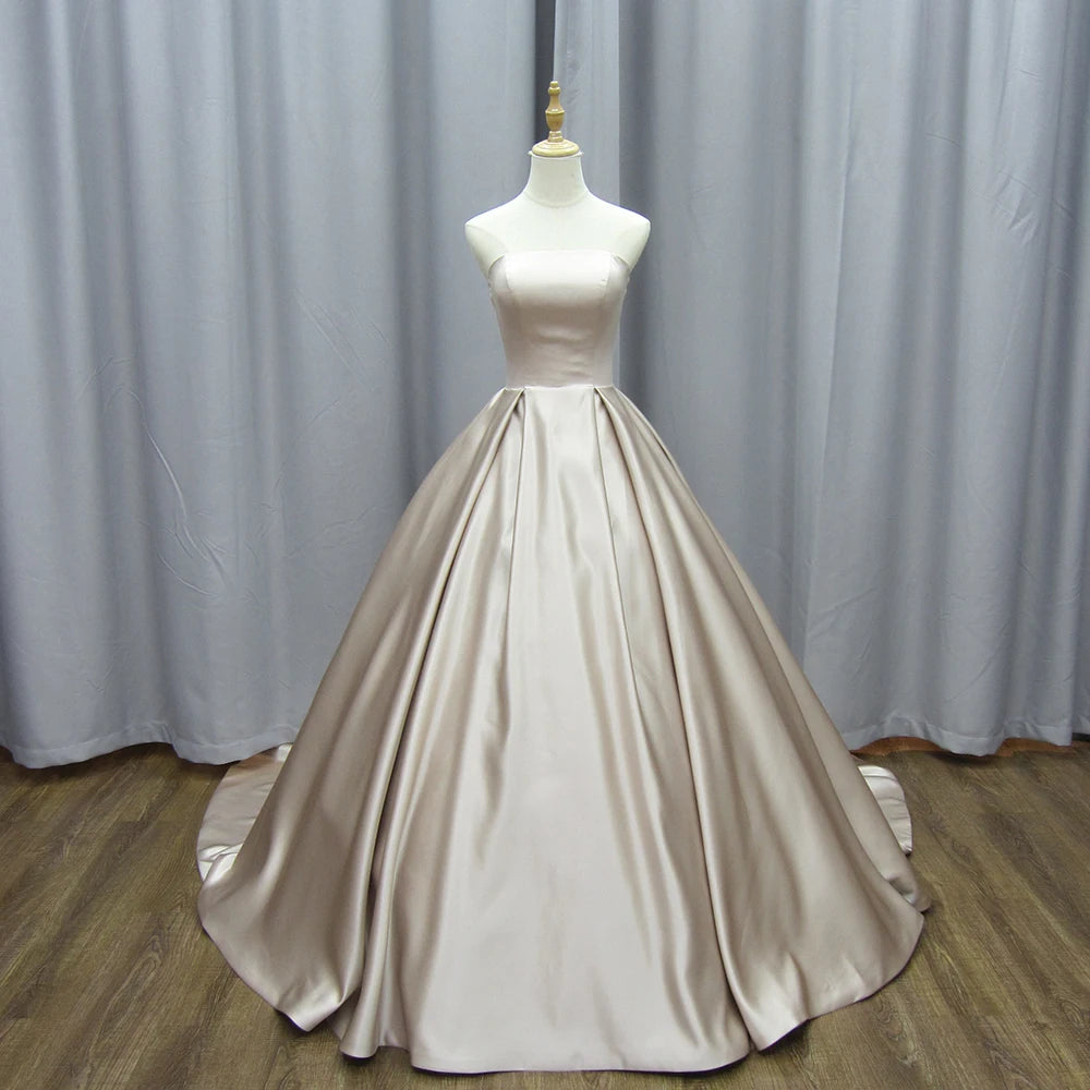Jancember MZ0038 Glossy Champagne Satin Strapless Evening Long Tail Party Dresses