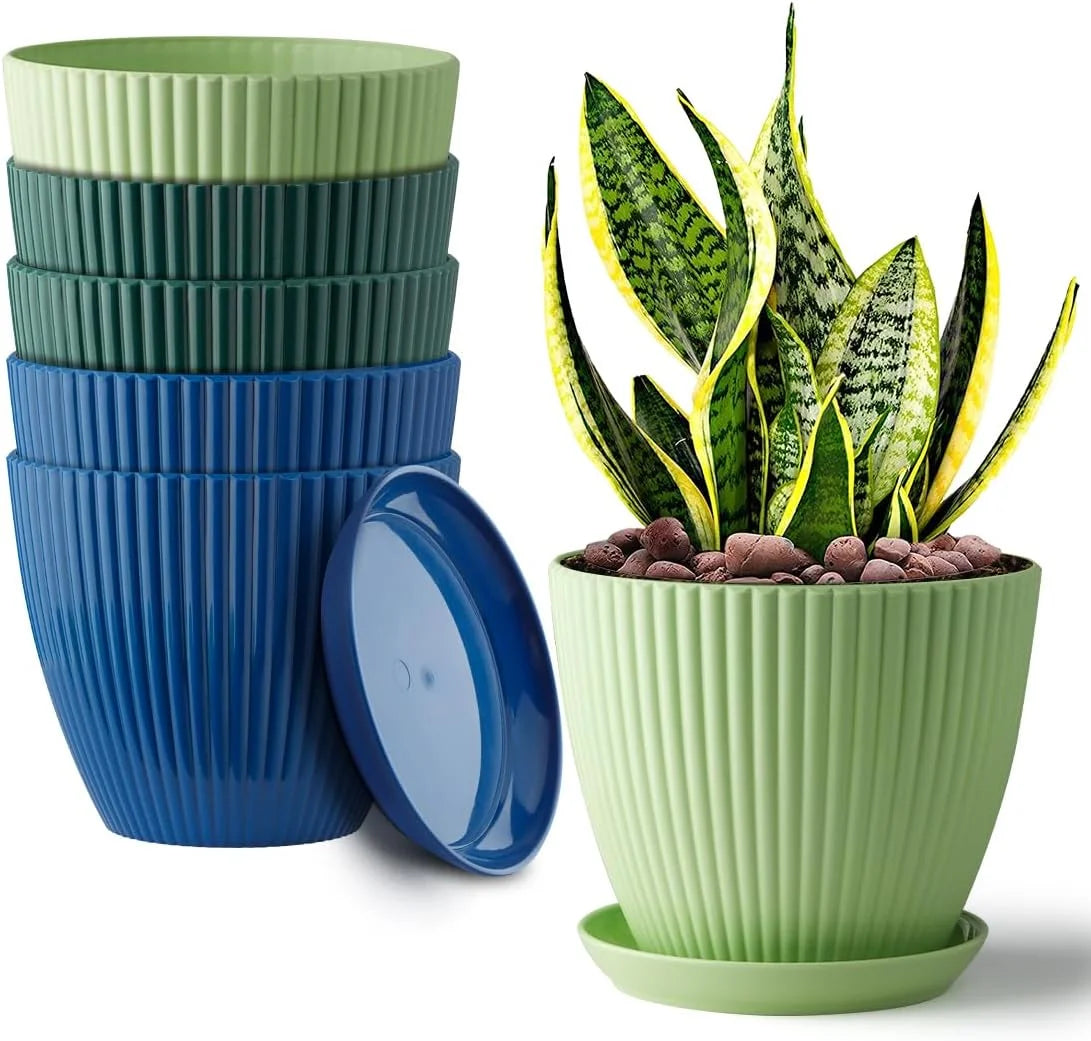 Ribbed Plastic Flower Pot Saucer Modern Design for Garden Home Use Indoor/Outdoor Planter Drainage Hole (Multiple Colors