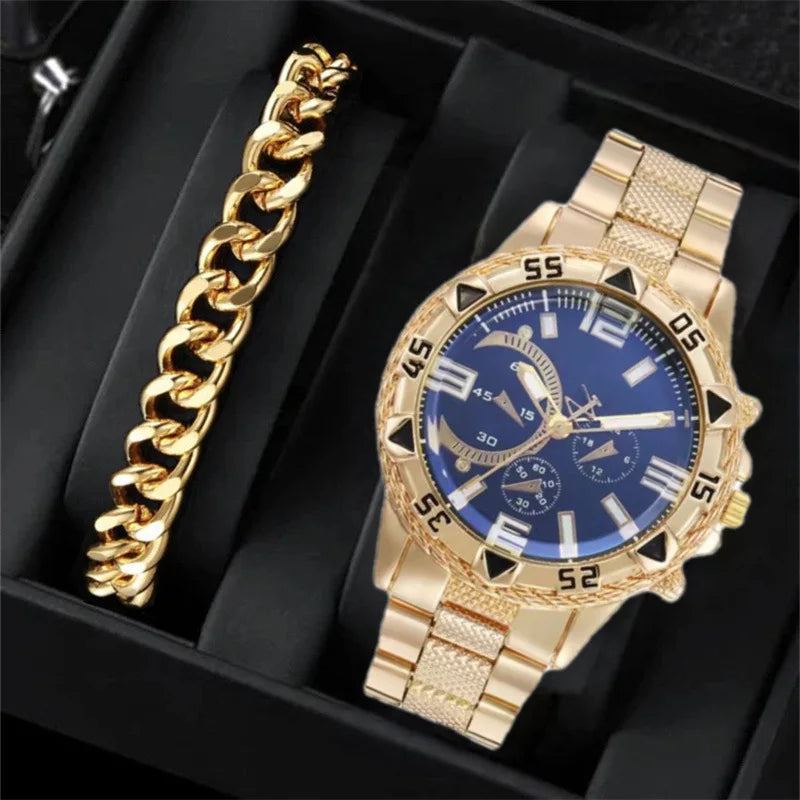 Fenyi Wholesale Trend Hip-hop New Fashion Business Casual Decoration Large Dial Alloy Bracelet Watch Set Men