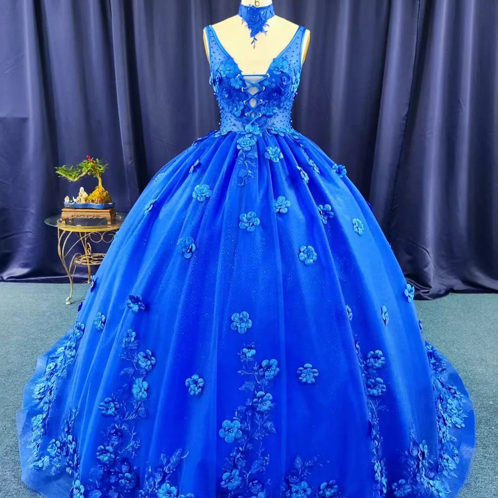 Jancember LSFL08 Elegant Royal Blue Sleeveless Flower Quinceanera Party Gowns
